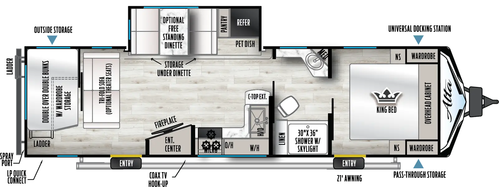 Has a slide-out on the off-door-side with a booth dinette, pantry and refrigerator. There are two entries under the awning on the door-side at the front and back of the unit. Layout front to back: King size bed and wardrobes with overhead cabinets and one entry; slider door to bathroom with 30x36 shower, linen cabinet, medicine cabinet, sink and toilet; slider door from bathroom leads to kitchen and living area; on the door side is the kitchen sink, countertop, stove, microwave and entertainment center with the slide out across from it on the off-door side; second entry leads to a tri-fold sofa that can be optioned to theater seating; the very back features a double over double bunk w/storage below and wardrobe; Below the wardrobe outside is a mini refrigerator, and at the front of the RV is a pass-through storage with Universal Docking Station on off-door side. 
